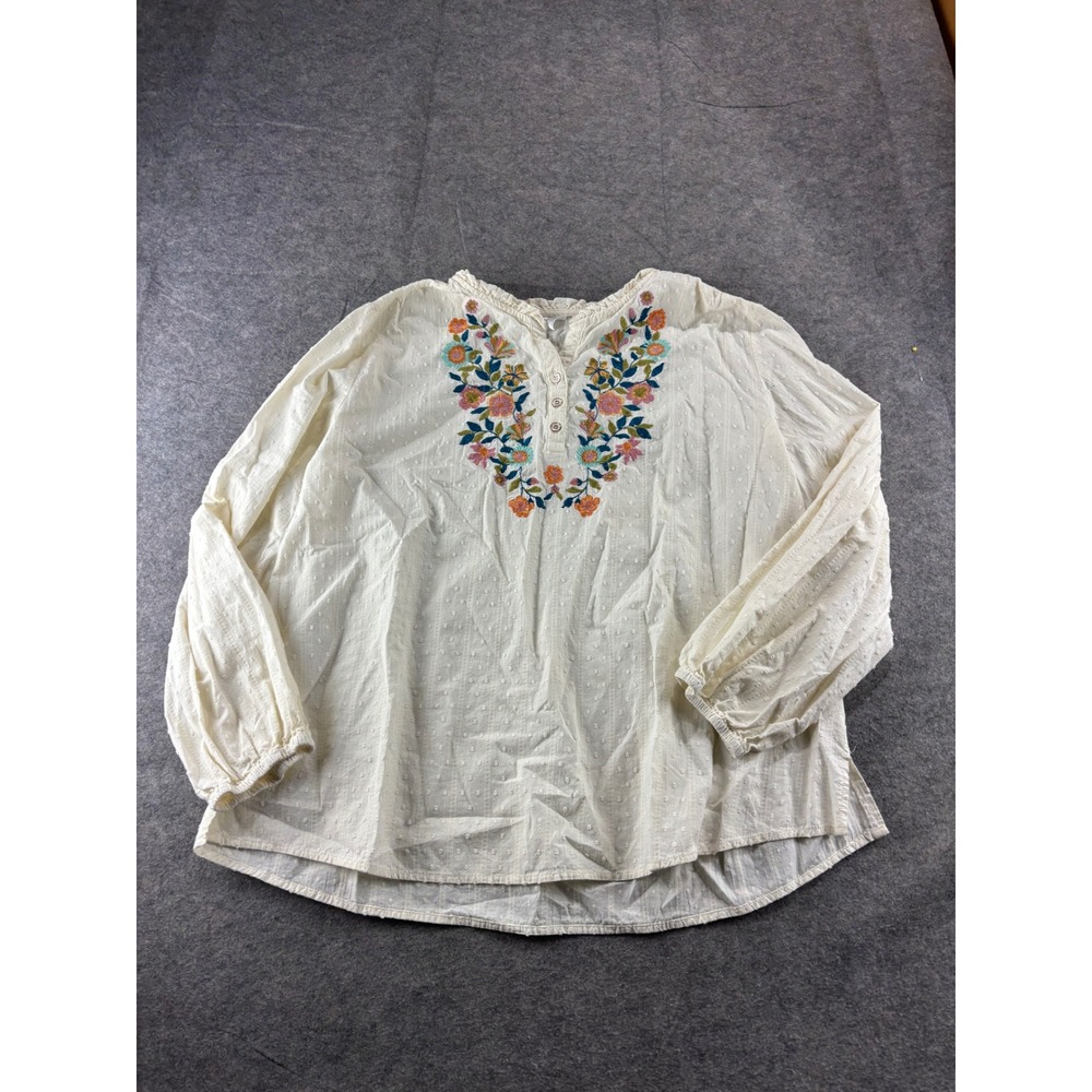 Cottagecore Peasant Floral Embroidered Swiss Dot Blouse XXL Off White Boho Top